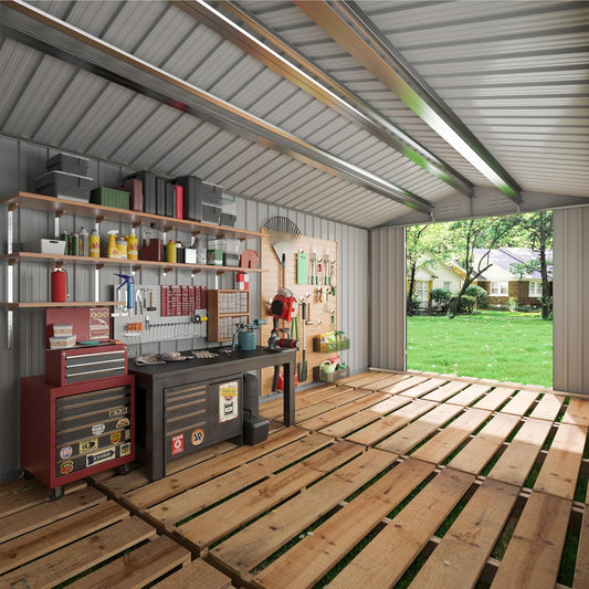 EASYHAWK 10x10 FT Outdoor Storage Shed, Utility Metal Tool Storage with Lockable Doors and Updated Frame Structure, Metal Garden Shed for Backyard, Patio Lawn, Black