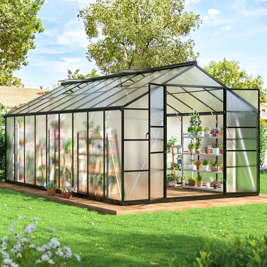 EASYHAWK 10 x 18 ft (approx. 10.6 x 18 m) Outdoor Greenhouse Polycarbonate Greenhouse Quick Installation Structure and Roof Vent Enhanced Aluminum Green House For Garden Backyard, Black