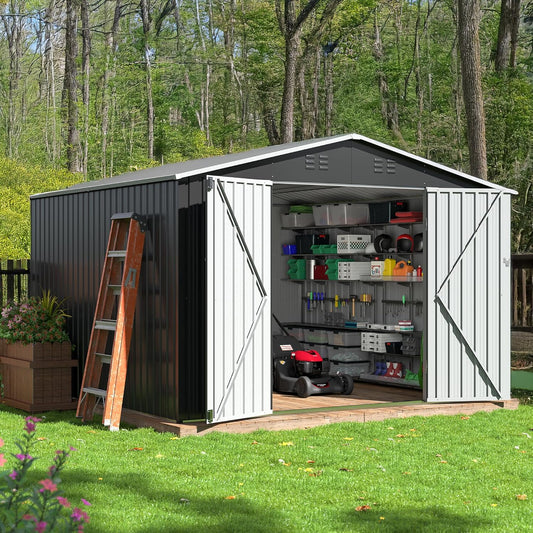 EASYHAWK 10x10 FT Outdoor Storage Shed, Utility Metal Tool Storage with Lockable Doors and Updated Frame Structure, Metal Garden Shed for Backyard, Patio Lawn, Black
