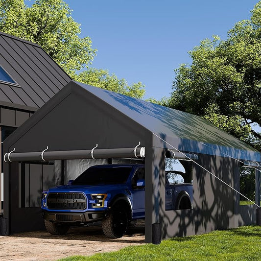 EASYHAWK Carport, 12 x 20 ft (Approx. 3.7 x 6.1 m) Heavy Duty Carport w/Roll Up Windows, Portable Garage w/Removable Sidewalls and Doors, Vehicle Awning w/Sandbags and All Season Canopy for Car Boat Truck Motorcycle