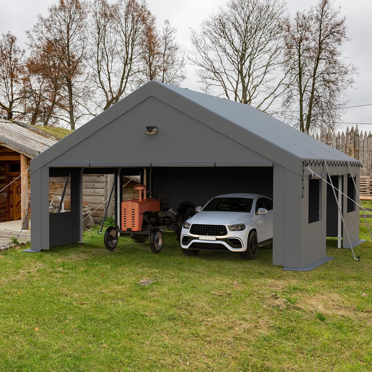 EASYHAWK 20x20 Carport Canopy, Heavy Duty Car Port, Portable Garage Carports with 4 Roll Up Doors, Grey
