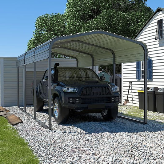 EASYHAWK 10 Inch x 15 Inch (Approx. 30.8 x 15 cm) Carport, Metal Carport with Heavy Duty Steel Roof, Upgraded Large Outdoor Carport, Car Port, Car Shelter and Sunshade, Grey