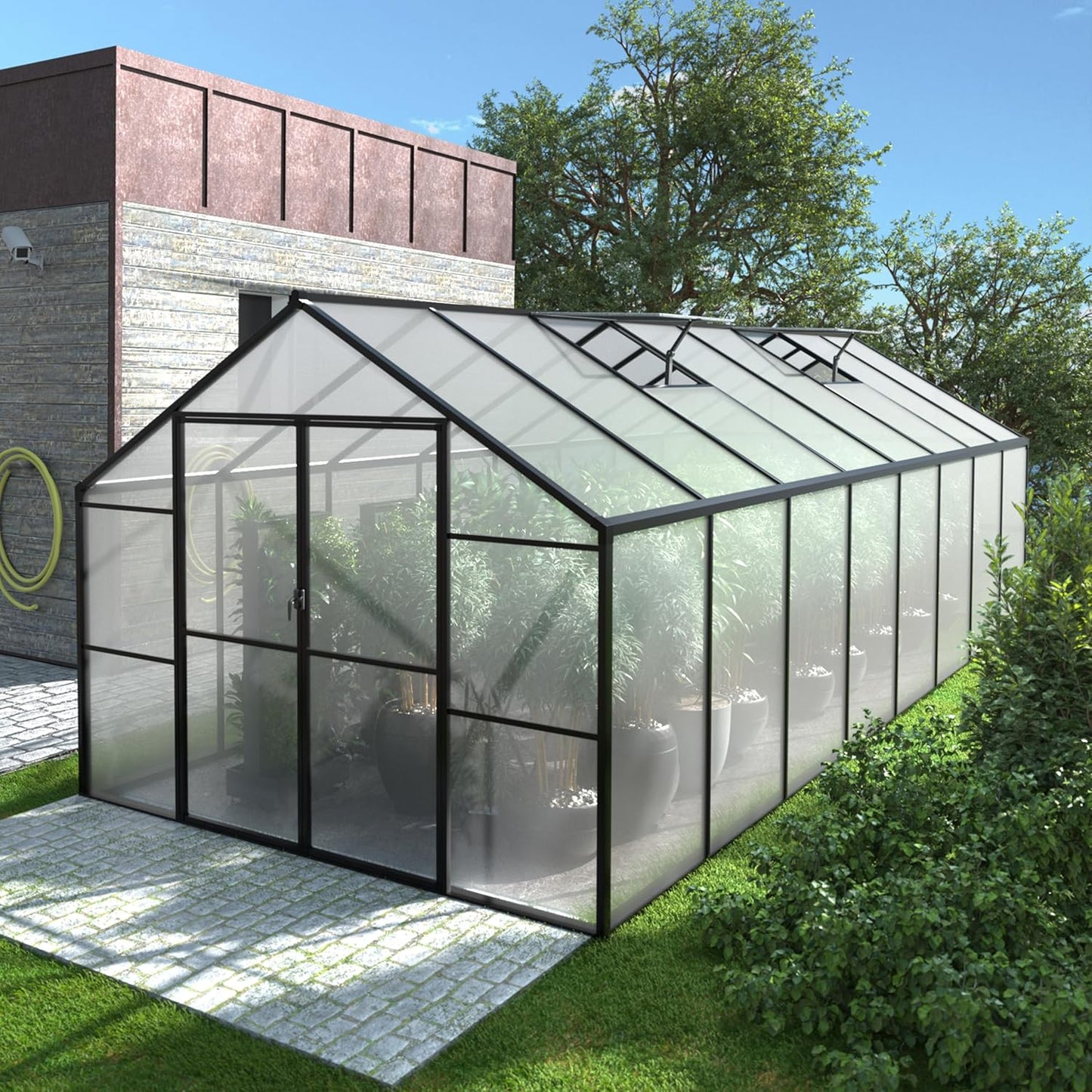 EASYHAWK 8x16 FT Polycarbonate Greenhouse for Outdoors, Walk-in Green House with 2 Vents, Aluminum Frame, Riveted Structure, Outdoor Greenhouse Kit for Backyard, Garden, Gray