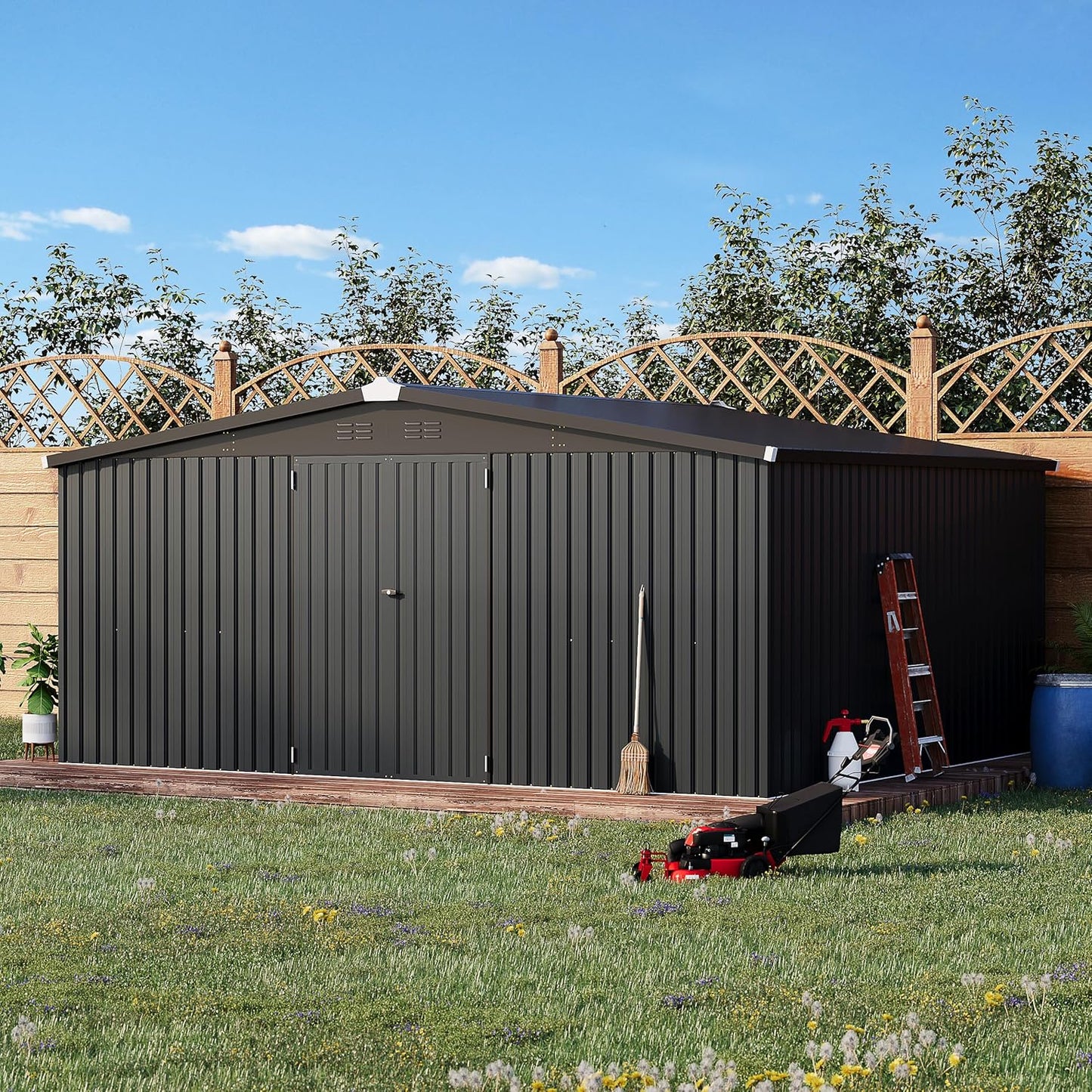 EASYHAWK Shed 14 inches x 12 inches (Approx. 30.8 x 20.8 cm) Storage Shed, Outdoor Metal Storage Shed and Outdoor Storage Cabinet 12 x 14 inches (Approx. 30.6 x 20.6 cm) with Lockable Door Large Steel Shelter Sheds Suitable for gardens, terraces Outdoor