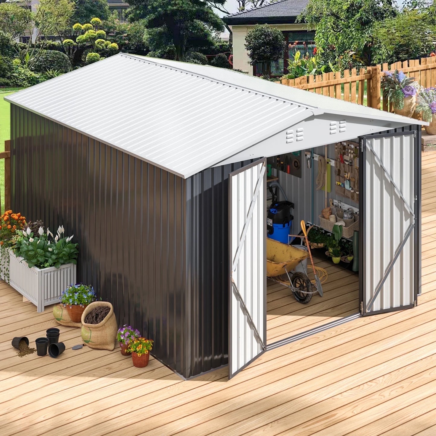 EASYHAWK 10x12 FT Outdoor Metal Storage Shed with Updated Frame Structure and Lockable Doors,Garden Shed for Backyard,Garden,Patio,Lawn