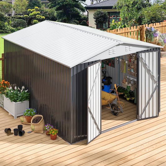 EASYHAWK 10x12 FT Outdoor Metal Storage Shed with Updated Frame Structure and Lockable Doors,Garden Shed for Backyard,Garden,Patio,Lawn