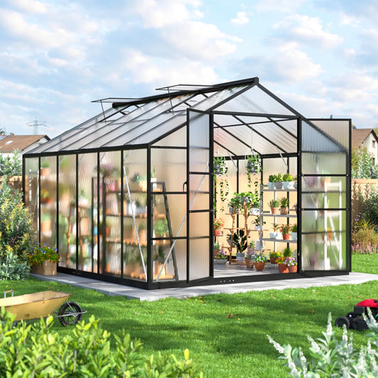 EASYHAWK 12'x10' Polycarbonate Greenhouse, Large Aluminum Walk-in Green House for Backyard